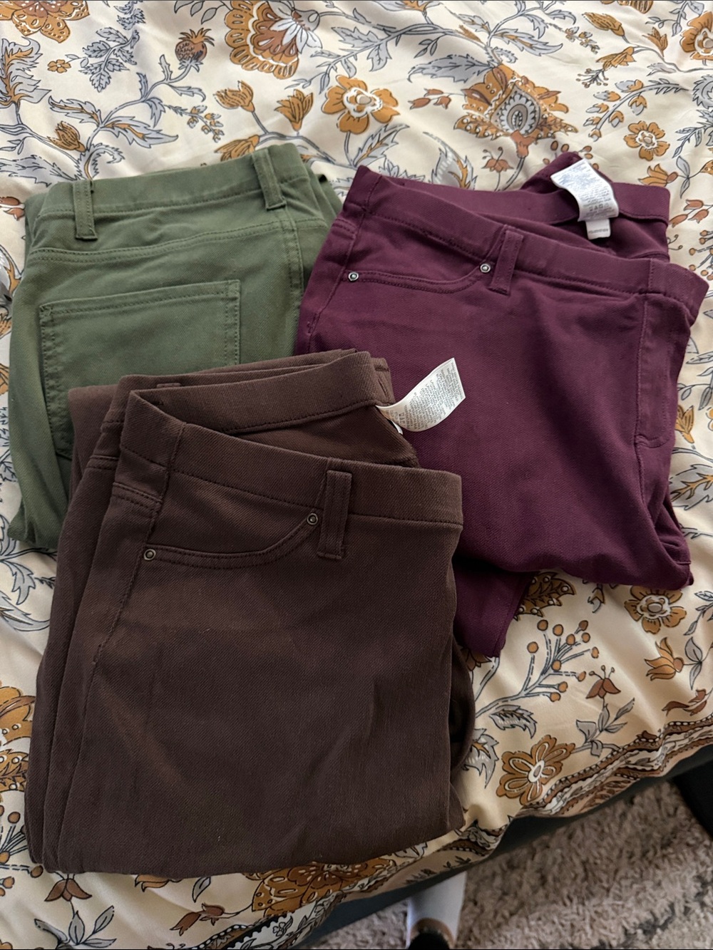 Time and Tru Jeggings Trio in Olive, Plum, and Chocolate Brown